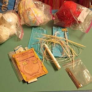 Vintage Knitting and Crochet Set with Red and White Yarn